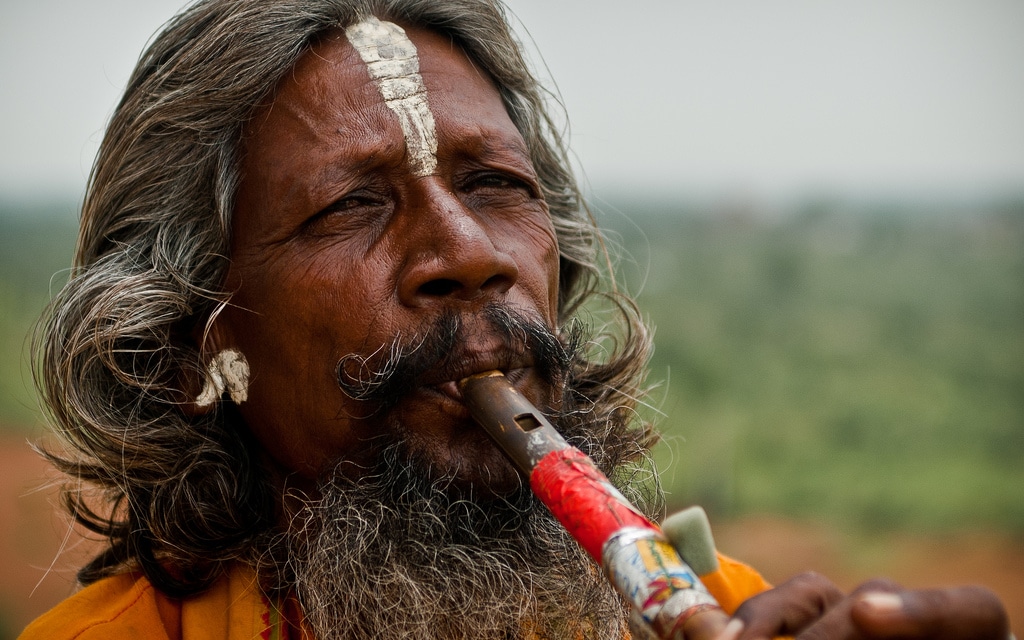 Indian meditation music by a flute player at Lakshmi Temple